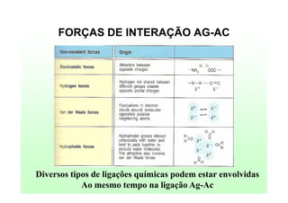FORÇAS DE INTERAÇÃO AG-AC

Diversos tipos de ligações químicas podem estar envolvidas
Ao mesmo tempo na ligação Ag-Ac

 