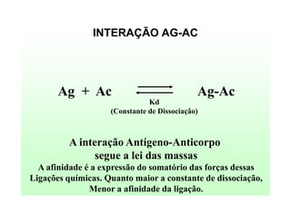 INTERAÇÃO AG-AC

Ag + Ac

Ag-Ac

Kd
(Constante de Dissociação)

A interação Antígeno-Anticorpo
segue a lei das massas
A afinidade é a expressão do somatório das forças dessas
Ligações químicas. Quanto maior a constante de dissociação,
Menor a afinidade da ligação.

 