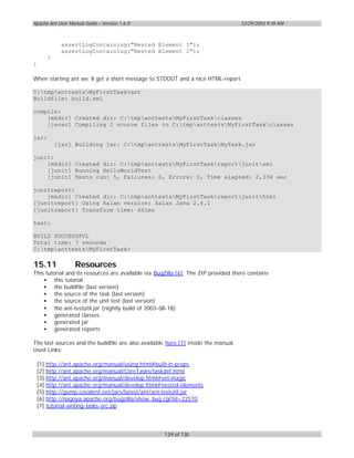 Apache Ant User Manual Guide – Version 1.6.0                                        12/29/2003 9:39 AM



                assertLogContaining("Nested Element 1");
                assertLogContaining("Nested Element 2");
          }
}

When starting ant we´ll get a short message to STDOUT and a nice HTML-report.

C:tmpanttestsMyFirstTask>ant
Buildfile: build.xml

compile:
    [mkdir] Created dir: C:tmpanttestsMyFirstTaskclasses
    [javac] Compiling 2 source files to C:tmpanttestsMyFirstTaskclasses

jar:
              [jar] Building jar: C:tmpanttestsMyFirstTaskMyTask.jar

junit:
    [mkdir] Created dir: C:tmpanttestsMyFirstTaskreportjunitxml
    [junit] Running HelloWorldTest
    [junit] Tests run: 5, Failures: 0, Errors: 0, Time elapsed: 2,334 sec

junitreport:
    [mkdir] Created dir: C:tmpanttestsMyFirstTaskreportjunithtml
[junitreport] Using Xalan version: Xalan Java 2.4.1
[junitreport] Transform time: 661ms

test:

BUILD SUCCESSFUL
Total time: 7 seconds
C:tmpanttestsMyFirstTask>

15.11               Resources
This tutorial and its resources are available via BugZilla [6]. The ZIP provided there contains
    • this tutorial
    • the buildfile (last version)
    • the source of the task (last version)
    • the source of the unit test (last version)
    • the ant-testutil.jar (nightly build of 2003-08-18)
    • generated classes
    • generated jar
    • generated reports

The last sources and the buildfile are also available here [7] inside the manual.
Used Links:

    [1]   http://ant.apache.org/manual/using.html#built-in-props
    [2]   http://ant.apache.org/manual/CoreTasks/taskdef.html
    [3]   http://ant.apache.org/manual/develop.html#set-magic
    [4]   http://ant.apache.org/manual/develop.html#nested-elements
    [5]   http://gump.covalent.net/jars/latest/ant/ant-testutil.jar
    [6]   http://nagoya.apache.org/bugzilla/show_bug.cgi?id=22570
    [7]   tutorial-writing-tasks-src.zip




                                                    129 of 130
 