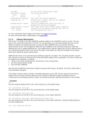 Apache Ant User Manual Guide – Version 1.6.0                                            12/29/2003 9:39 AM



   -noinput                            do not allow interactive input
   -buildfile <file>                   use given buildfile
     -file    <file>                           ''
     -f       <file>                           ''
   -D<property>=<value>                use value for given property
   -keep-going, -k                     execute all targets that do not depend
                                       on failed target(s)
   -propertyfile <name>                load all properties from file with -D
                                       properties taking precedence
   -inputhandler <class>               the class which will handle input requests
   -find <file>                        (s)earch for buildfile towards the root of
     -s <file>                         the filesystem and use it

For more information about -logger and -listener see Loggers & Listeners.
For more information about -inputhandler see InputHandler.

5.1.2         Library Directories
Prior to Ant 1.6, all jars in the ANT_HOME/lib would be added to the CLASSPATH used to run Ant. This was
done in the scripts that started Ant. From Ant 1.6, two directories are scanned by default and more can be
added as required. The default directories scanned are ANT_HOME/lib and a user specific directory,
${user.home}/.ant/lib. This arrangement allows the Ant installation to be shared by many users while still
allowing each user to deploy additional jars. Such additional jars could be support jars for Ant's optional tasks or
jars containing third-party tasks to be used in the build. It also allows the main Ant installation to be locked
down which will please system adminstrators.

Additional directories to be searched may be added by using the -lib option. The -lib option specifies a search
path. Any jars or classes in the directories of the path will be added to Ant's classloader. The order in which jars
are added to the classpath is as follows
• -lib jars in the order specified by the -lib elements on the command line
• jars from ${user.home}/.ant/lib
• jars from ANT_HOME/lib

Note that the CLASSPATH environment variable is passed to Ant using a -lib option. Ant itself is started with a
very minimalistic classpath.

The location of ${user.home}/.ant/lib is somewhat dependent on the JVM. On Unix systems ${user.home}
maps to the user's home directory whilst on recent versions of Windows it will be somewhere such as
C:Documents and Settingsusername.antlib. You should consult your JVM documentation for more details.

  Examples
ant
runs Ant using the build.xml file in the current directory, on the default target.

ant -buildfile test.xml
runs Ant using the test.xml file in the current directory, on the default target.

ant -buildfile test.xml dist
runs Ant using the test.xml file in the current directory, on the target called dist.

ant -buildfile test.xml -Dbuild=build/classes dist
runs Ant using the test.xml file in the current directory, on the target called dist, setting the build property to
the value build/classes.

ant -lib /home/ant/extras



                                                      19 of 130
 