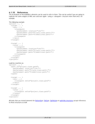 Apache Ant User Manual Guide – Version 1.6.0                                       12/29/2003 9:39 AM



6.1.10        References
The id attribute of the buildfile's elements can be used to refer to them. This can be useful if you are going to
replicate the same snippet of XML over and over again - using a <classpath> structure more than once, for
example.

The following example:
<project ... >
  <target ... >
     <rmic ...>
         <classpath>
           <pathelement location="lib/"/>
           <pathelement path="${java.class.path}/"/>
           <pathelement path="${additional.path}"/>
         </classpath>
     </rmic>
  </target>

  <target ... >
    <javac ...>
      <classpath>
        <pathelement location="lib/"/>
        <pathelement path="${java.class.path}/"/>
        <pathelement path="${additional.path}"/>
      </classpath>
    </javac>
  </target>
</project>

could be rewritten as:
<project ... >
  <path id="project.class.path">
     <pathelement location="lib/"/>
     <pathelement path="${java.class.path}/"/>
     <pathelement path="${additional.path}"/>
  </path>

   <target ... >
     <rmic ...>
       <classpath refid="project.class.path"/>
     </rmic>
   </target>

  <target ... >
    <javac ...>
      <classpath refid="project.class.path"/>
    </javac>
  </target>
</project>

All tasks that use nested elements for PatternSets, FileSets, ZipFileSets or path-like structures accept references
to these structures as well.




                                                     29 of 130
 