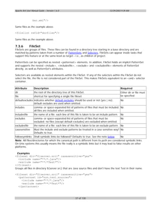 Apache Ant User Manual Guide – Version 1.6.0                                           12/29/2003 9:39 AM



                 bar.xml"/>

Same files as the example above.

<filelist refid="docfiles"/>

Same files as the example above.

7.3.6          FileSet
FileSets are groups of files. These files can be found in a directory tree starting in a base directory and are
matched by patterns taken from a number of PatternSets and Selectors. FileSets can appear inside tasks that
support this feature or at the same level as target - i.e., as children of project.

PatternSets can be specified as nested <patternset> elements. In addition, FileSet holds an implicit PatternSet
and supports the nested <include>, <includesfile>, <exclude> and <excludesfile> elements of PatternSet
directly, as well as PatternSet's attributes.

Selectors are available as nested elements.within the FileSet. If any of the selectors within the FileSet do not
select the file, the file is not considered part of the FileSet. This makes FileSets equivalent to an <and> selector
container.

Attribute         Description                                                                     Required
dir               the root of the directory tree of this FileSet.                                 Either dir or file must
file              shortcut for specifying a single file fileset                                   be specified
defaultexcludes indicates whether default excludes should be used or not (yes | no);              No
                default excludes are used when omitted.
includes          comma- or space-separated list of patterns of files that must be included; No
                  all files are included when omitted.
includesfile      the name of a file; each line of this file is taken to be an include pattern.   No
excludes          comma- or space-separated list of patterns of files that must be                No
                  excluded; no files (except default excludes) are excluded when omitted.
excludesfile      the name of a file; each line of this file is taken to be an exclude pattern. No
casesensitive     Must the include and exclude patterns be treated in a case sensitive way? No
                  Defaults to true.
followsymlinks Shall symbolic links be followed? Defaults to true. See the note below.         No
Note: All files/directories for which the canonical path is different from its path are considered symbolic links.
On Unix systems this usually means the file really is a symbolic links but it may lead to false results on other
platforms.

 Examples
<fileset dir="${server.src}" casesensitive="yes">
  <include name="**/*.java"/>
  <exclude name="**/*Test*"/>
</fileset>
Groups all files in directory ${server.src} that are Java source files and don't have the text Test in their name.

<fileset dir="${server.src}" casesensitive="yes">
  <patternset id="non.test.sources">
    <include name="**/*.java"/>
    <exclude name="**/*Test*"/>
  </patternset>



                                                         37 of 130
 