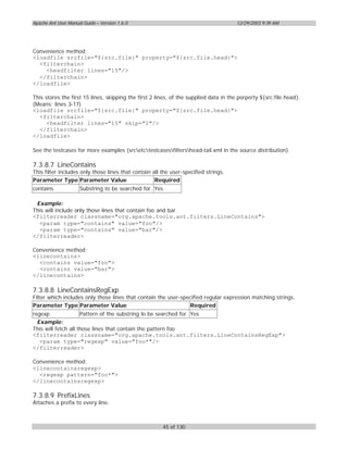 Apache Ant User Manual Guide – Version 1.6.0                                          12/29/2003 9:39 AM




Convenience method:
<loadfile srcfile="${src.file}" property="${src.file.head}">
  <filterchain>
    <headfilter lines="15"/>
  </filterchain>
</loadfile>

This stores the first 15 lines, skipping the first 2 lines, of the supplied data in the porperty ${src.file.head}.
(Means: lines 3-17)
<loadfile srcfile="${src.file}" property="${src.file.head}">
  <filterchain>
      <headfilter lines="15" skip="2"/>
  </filterchain>
</loadfile>

See the testcases for more examples (srcetctestcasesfiltershead-tail.xml in the source distribution).

7.3.8.7 LineContains
This filter includes only those lines that contain all the user-specified strings.
Parameter Type Parameter Value                      Required
contains             Substring to be searched for. Yes

 Example:
This will include only those lines that contain foo and bar.
<filterreader classname="org.apache.tools.ant.filters.LineContains">
  <param type="contains" value="foo"/>
  <param type="contains" value="bar"/>
</filterreader>

Convenience method:
<linecontains>
  <contains value="foo">
  <contains value="bar">
</linecontains>

7.3.8.8 LineContainsRegExp
Filter which includes only those lines that contain the user-specified regular expression matching strings.
Parameter Type Parameter Value                                  Required
regexp               Pattern of the substring to be searched for. Yes
  Example:
This will fetch all those lines that contain the pattern foo
<filterreader classname="org.apache.tools.ant.filters.LineContainsRegExp">
   <param type="regexp" value="foo*"/>
</filterreader>

Convenience method:
<linecontainsregexp>
  <regexp pattern="foo*">
</linecontainsregexp>

7.3.8.9 PrefixLines
Attaches a prefix to every line.



                                                       45 of 130
 
