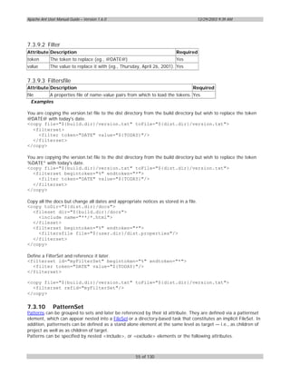 Apache Ant User Manual Guide – Version 1.6.0                                          12/29/2003 9:39 AM




7.3.9.2 Filter
Attribute Description                                                    Required
token       The token to replace (eg., @DATE@)                           Yes
value       The value to replace it with (eg., Thursday, April 26, 2001). Yes


7.3.9.3 Filtersfile
Attribute Description                                                            Required
file      A properties file of name-value pairs from which to load the tokens. Yes
   Examples

You are copying the version.txt file to the dist directory from the build directory but wish to replace the token
@DATE@ with today's date.
<copy file="${build.dir}/version.txt" toFile="${dist.dir}/version.txt">
  <filterset>
     <filter token="DATE" value="${TODAY}"/>
  </filterset>
</copy>

You are copying the version.txt file to the dist directory from the build directory but wish to replace the token
%DATE* with today's date.
<copy file="${build.dir}/version.txt" toFile="${dist.dir}/version.txt">
  <filterset begintoken="%" endtoken="*">
     <filter token="DATE" value="${TODAY}"/>
  </filterset>
</copy>

Copy all the docs but change all dates and appropriate notices as stored in a file.
<copy toDir="${dist.dir}/docs">
  <fileset dir="${build.dir}/docs">
     <include name="**/*.html">
  </fileset>
  <filterset begintoken="%" endtoken="*">
     <filtersfile file="${user.dir}/dist.properties"/>
  </filterset>
</copy>

Define a FilterSet and reference it later.
<filterset id="myFilterSet" begintoken="%" endtoken="*">
  <filter token="DATE" value="${TODAY}"/>
</filterset>

<copy file="${build.dir}/version.txt" toFile="${dist.dir}/version.txt">
  <filterset refid="myFilterSet"/>
</copy>


7.3.10        PatternSet
Patterns can be grouped to sets and later be referenced by their id attribute. They are defined via a patternset
element, which can appear nested into a FileSet or a directory-based task that constitutes an implicit FileSet. In
addition, patternsets can be defined as a stand alone element at the same level as target — i.e., as children of
project as well as as children of target.
Patterns can be specified by nested <include>, or <exclude> elements or the following attributes.



                                                     55 of 130
 