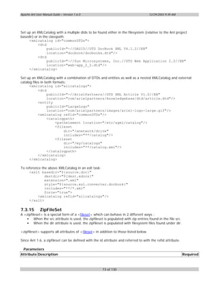 Apache Ant User Manual Guide – Version 1.6.0                                           12/29/2003 9:39 AM




Set up an XMLCatalog with a multiple dtds to be found either in the filesystem (relative to the Ant project
basedir) or in the classpath:
     <xmlcatalog id="commonDTDs">
           <dtd
                 publicId="-//OASIS//DTD DocBook XML V4.1.2//EN"
                 location="docbook/docbookx.dtd"/>
           <dtd
                 publicId="-//Sun Microsystems, Inc.//DTD Web Application 2.2//EN"
                 location="web-app_2_2.dtd"/>
     </xmlcatalog>

Set up an XMLCatalog with a combination of DTDs and entities as well as a nested XMLCatalog and external
catalog files in both formats:
      <xmlcatalog id="allcatalogs">
            <dtd
                  publicId="-//ArielPartners//DTD XML Article V1.0//EN"
                  location="com/arielpartners/knowledgebase/dtd/article.dtd"/>
            <entity
                  publicId="LargeLogo"
                  location="com/arielpartners/images/ariel-logo-large.gif"/>
            <xmlcatalog refid="commonDTDs"/>
                  <catalogpath>
                        <pathelement location="/etc/sgml/catalog"/>
                        <fileset
                            dir="/anetwork/drive"
                            includes="**/catalog"/>
                        <fileset
                            dir="/my/catalogs"
                            includes="**/catalog.xml"/>
                  </catalogpath>
            </xmlcatalog>
      </xmlcatalog>

To reference the above XMLCatalog in an xslt task:
     <xslt basedir="${source.doc}"
               destdir="${dest.xdocs}"
               extension=".xml"
               style="${source.xsl.converter.docbook}"
               includes="**/*.xml"
               force="true">
          <xmlcatalog refid="allcatalogs"/>
     </xslt>

7.3.15        ZipFileSet
A <zipfileset> is a special form of a <fileset> which can behave in 2 different ways :
   • When the src attribute is used, the zipfileset is populated with zip entries found in the file src.
   • When the dir attribute is used, the zipfileset is populated with filesystem files found under dir.

<zipfileset> supports all attributes of <fileset> in addition to those listed below.

Since Ant 1.6, a zipfileset can be defined with the id attribute and referred to with the refid attribute.

 Parameters
Attribute Description                                                                                        Required



                                                      73 of 130
 