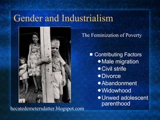 Gender and Industrialism Contributing Factors Male migration Civil strife Divorce Abandonment Widowhood Unwed adolescent parenthood The Feminization of Poverty hecatedemetersdatter.blogspot.com 