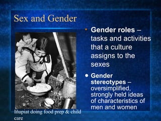 Sex and Gender Gender stereotypes  – oversimplified, strongly held ideas of characteristics of men and women Gender roles  – tasks and activities that a culture assigns to the sexes I ñupiat doing food prep & child care 