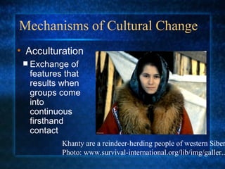 Mechanisms of Cultural Change Exchange of features that results when groups come into continuous firsthand contact Acculturation  Khanty are a reindeer-herding people of western Siberia Photo: www.survival-international.org/lib/img/galler... 