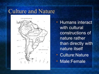 Culture and Nature Humans interact with cultural constructions of nature rather than directly with nature itself Culture:Nature Male:Female 