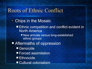 Roots of Ethnic Conflict Ethnic competition and conflict evident in North America New arrivals versus long-established  ethnic groups Aftermaths of oppression Genocide Forced assimilation Ethnocide Cultural colonialism Chips in the Mosaic 