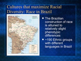 Cultures that maximize Racial Diversity: Race in Brazil The Brazilian construction of race is attuned to relatively slight phenotypic differences ~190 Ethnic groups with different languages in Brazil 