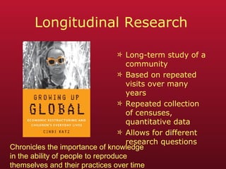 Longitudinal Research Long-term study of a community Based on repeated visits over many years Repeated collection of censuses, quantitative data  Allows for different research questions Chronicles the importance of knowledge  in the ability of people to reproduce  themselves and their practices over time 