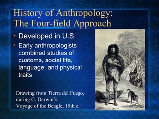 History of Anthropology:  The Four-field Approach Developed in U.S.  Early anthropologists combined studies of customs, social life, language, and physical traits Drawing from Tierra del Fuego,  during C. Darwin’s Voyage of the Beagle, 19th c. 