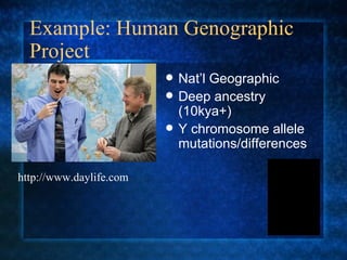 Example: Human Genographic Project  Nat’l Geographic Deep ancestry (10kya+) Y chromosome allele mutations/differences http://www.daylife.com 