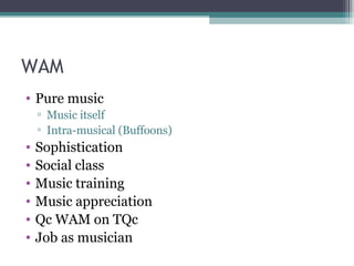 WAM Pure music Music itself Intra-musical (Buffoons) Sophistication Social class Music training Music appreciation Qc WAM on TQc Job as musician 