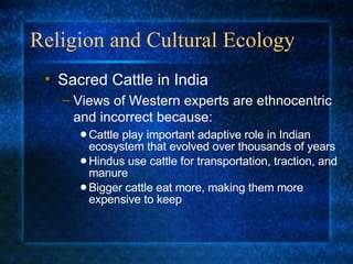 Religion and Cultural Ecology <ul><ul><ul><li>Cattle play important adaptive role in Indian ecosystem that evolved over th...