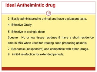 Ideal Anthelmintic drug
13
3- Easily administered to animal and have a pleasant taste.
4- Effective Orally .
5 Effective in a single dose
6Leave No or low tissue residues & have a short residence
time in Milk when used for treating food producing animals.
7 Economic (inexpensive) and compatible with other drugs.
8 inhibit reinfection for extended periods.
 