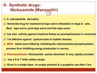 II- Synthetic drugs:
Niclosamide (Mansonil®)
19
 A salicylanilide derivative
 Vermicide drug for treatment of tape worm infestation in dogs & cats ,
Beef tape worm, pork tape worm and fish tape worm.
 has also activity against intestinal flukes as paramphistomes in ruminants
 Not effective against cysticercosis or hydatic disease.
 MOA: Adult worm killed by inhibiting the mitochondrial phosphorylation
process thus inhibiting energy production in worms.
 Pharmacokinetic: Niclosamide poorly absorbed & very rapidly excreted
 has a 5 to 7 folds safety margin
 Given in a single dose on empty stomach & a purgative use after 2 hrs
 