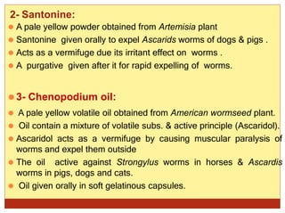 2- Santonine:
⚫ A pale yellow powder obtained from Artemisia plant
⚫ Santonine given orally to expel Ascarids worms of dogs & pigs .
⚫ Acts as a vermifuge due its irritant effect on worms .
⚫ A purgative given after it for rapid expelling of worms.
⚫3- Chenopodium oil:
⚫ A pale yellow volatile oil obtained from American wormseed plant.
⚫ Oil contain a mixture of volatile subs. & active principle (Ascaridol).
⚫ Ascaridol acts as a vermifuge by causing muscular paralysis of
worms and expel them outside
⚫ The oil active against Strongylus worms in horses & Ascardis
worms in pigs, dogs and cats.
⚫ Oil given orally in soft gelatinous capsules.
 