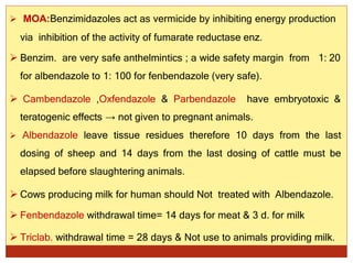  MOA:Benzimidazoles act as vermicide by inhibiting energy production
via inhibition of the activity of fumarate reductase enz.
 Benzim. are very safe anthelmintics ; a wide safety margin from 1: 20
for albendazole to 1: 100 for fenbendazole (very safe).
 Cambendazole ,Oxfendazole & Parbendazole have embryotoxic &
teratogenic effects → not given to pregnant animals.
 Albendazole leave tissue residues therefore 10 days from the last
dosing of sheep and 14 days from the last dosing of cattle must be
elapsed before slaughtering animals.
 Cows producing milk for human should Not treated with Albendazole.
 Fenbendazole withdrawal time= 14 days for meat & 3 d. for milk
 Triclab. withdrawal time = 28 days & Not use to animals providing milk.
 