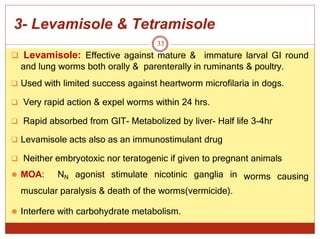 3- Levamisole & Tetramisole
 Levamisole: Effective against mature & immature larval GI round
and lung worms both orally & parenterally in ruminants & poultry.
 Used with limited success against heartworm microfilaria in dogs.
 Very rapid action & expel worms within 24 hrs.
 Rapid absorbed from GIT- Metabolized by liver- Half life 3-4hr
 Levamisole acts also as an immunostimulant drug
 Neither embryotoxic nor teratogenic if given to pregnant animals
worms causing
⚫ MOA: NN agonist stimulate nicotinic ganglia in
muscular paralysis & death of the worms(vermicide).
⚫ Interfere with carbohydrate metabolism.
33
 