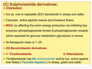 (C) Sulphonamide derivatives:
46
Dr. Nehal Afifi 2/16/2015
⚫Clorsulon:
⚫ Act as oral or injectable (S/C) fasciolicide in sheep and cattle.
⚫ Clorsulon active against mature and immature flukes.
⚫ MOA: by affecting the worm energy production via inhibiting two
enzymes (phosphoglycerate kinase & phosphoglycerate mutase)
which essential for glucose metabolism (glycolysis) in worms.
⚫ Its therapeutic index is 1: 25.
⚫ (D) Benzimidazole derivatives:
⚫ 1- Tricalbendalzole. 2- Albendazole.
⚫ Tricalbendazole has No antinematodal activity but active against
liver flukes ( Fasciola hepatica ) in sheep, goats and cattle .
 