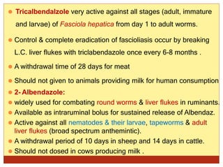 ⚫ Tricalbendalzole very active against all stages (adult, immature
and larvae) of Fasciola hepatica from day 1 to adult worms.
⚫ Control & complete eradication of fascioliasis occur by breaking
L.C. liver flukes with triclabendazole once every 6-8 months .
⚫ A withdrawal time of 28 days for meat
⚫ Should not given to animals providing milk for human consumption
⚫ 2- Albendazole:
⚫ widely used for combating round worms & liver flukes in ruminants.
⚫ Available as intraruminal bolus for sustained release of Albendaz.
⚫ Active against all nematodes & their larvae, tapeworms & adult
liver flukes (broad spectrum anthemintic).
⚫ A withdrawal period of 10 days in sheep and 14 days in cattle.
⚫ Should not dosed in cows producing milk .
 