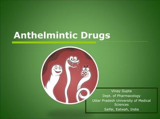 Anthelmintic Drugs
Vinay Gupta
Dept. of Pharmacology
Uttar Pradesh University of Medical
Sciences
Saifai, Eatwah, India
 