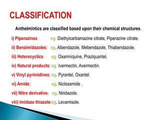 Anthelmintics are classified based upon their chemical structures.
i) Piperazines: eg. Diethylcarbamazine citrate, Piperazine citrate.
ii) Benzimidazoles: eg. Albendazole, Mebendazole, Thiabendazole.
iii) Heterocyclics: eg. Oxamniquine, Praziquantel.
iv) Natural products: eg. Ivermectin, Avermectin.
v) Vinyl pyrimidines: eg. Pyrantel, Oxantel.
vi) Amide: eg. Niclosamide .
vii) Nitro derivative: eg. Niridazole.
viii) Imidazo thiazole:eg. Levamisole.
 