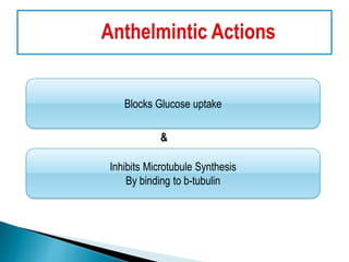 Blocks Glucose uptake
Inhibits Microtubule Synthesis
By binding to b-tubulin
&
 