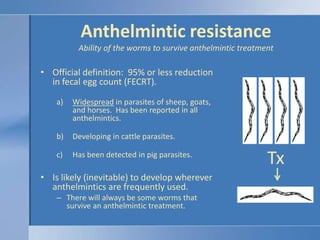 Anthelmintic resistanceAbility of the worms to survive anthelmintic treatmentOfficial definition:  95% or less reduction in fecal egg count (FECRT).Widespread in parasites of sheep, goats, and horses.  Has been reported in all anthelmintics.Developing in cattle parasites.Has been detected in pig parasites.Is likely (inevitable) to develop wherever anthelmintics are frequently used.There will always be some worms that survive an anthelmintic treatment.Tx