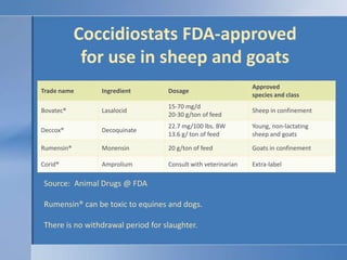 Coccidiostats FDA-approved for use in sheep and goatsSource:  Animal Drugs @ FDARumensin® can be toxic to equines and dogs.There is no withdrawal period for slaughter.