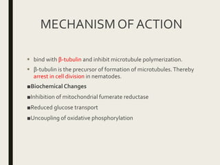 MECHANISMOF ACTION
 bind with β-tubulin and inhibit microtubule polymerization.
 β-tubulin is the precursor of formation of microtubules.Thereby
arrest in cell division in nematodes.
■Biochemical Changes
■Inhibition of mitochondrial fumerate reductase
■Reduced glucose transport
■Uncoupling of oxidative phosphorylation
 