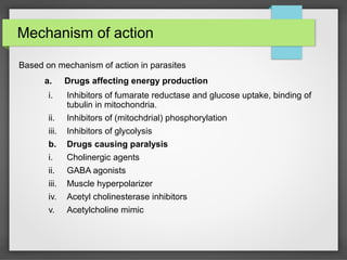 Mechanism of action
Based on mechanism of action in parasites
a. Drugs affecting energy production
i. Inhibitors of fumarate reductase and glucose uptake, binding of
tubulin in mitochondria.
ii. Inhibitors of (mitochdrial) phosphorylation
iii. Inhibitors of glycolysis
b. Drugs causing paralysis
i. Cholinergic agents
ii. GABA agonists
iii. Muscle hyperpolarizer
iv. Acetyl cholinesterase inhibitors
v. Acetylcholine mimic
 