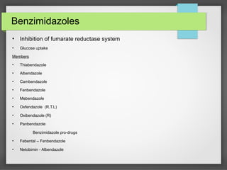 Benzimidazoles
• Inhibition of fumarate reductase system
• Glucose uptake
Members
• Thiabendazole
• Albendazole
• Cambendazole
• Fenbendazole
• Mebendazole
• Oxfendazole (R.T.L)
• Oxibendazole (R)
• Panbendazole
Benzimidazole pro-drugs
• Febental – Fenbendazole
• Netobimin - Albendazole
 