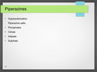25
Piperazines
• Hyperpolarization
Piperazine salts
• Phosphates
• Citrate
• Adipate
• Sulphate
 