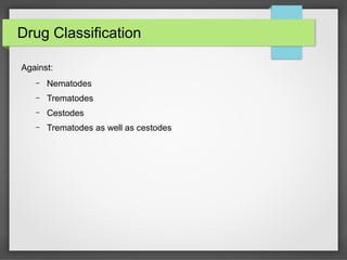 Drug Classification
Against:
– Nematodes
– Trematodes
– Cestodes
– Trematodes as well as cestodes
 