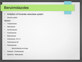 Benzimidazoles
• Inhibition of fumarate reductase system
• Glucose uptake
Members
• Thiabendazole
• Albendazole
• Cambenda...