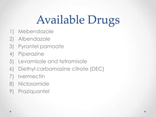 Available Drugs
1)   Mebendazole
2)   Albendazole
3)   Pyrantel pamoate
4)   Piperazine
5)   Levamisole and tetramisole
6)   Diethyl carbamazine citrate (DEC)
7)   Ivermectin
8)   Niclosamide
9)   Praziquantel
 