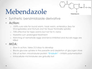 Mebendazole
• Synthetic benzimidazole derivative
• Action:
   o 100% cure rate for round worm, hook worm, enterobius (less for
     Strongyloides) and trichuris (not for tissue Trichinella spiralis)
   o 75% effective for tape worms but not for H. nana
   o Hadatid cyst: prolonged treatment
   o Hatching of nematode eggs and larva inhibited and Ascaris eggs are
     killed

• MOA:
   o   Slow in action, takes 2-3 days to develop
   o   Blocks glucose uptake in the parasite and depletion of glycogen store
   o   Site of action: microtubular protein “ß-tubulin” – inhibits polymerization
   o   Intracellular mictotubules are grdually lost
 