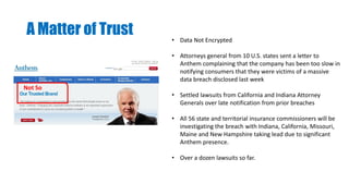 A Matter of Trust • Data Not Encrypted
• Attorneys general from 10 U.S. states sent a letter to
Anthem complaining that the company has been too slow in
notifying consumers that they were victims of a massive
data breach disclosed last week
• Settled lawsuits from California and Indiana Attorney
Generals over late notification from prior breaches
• All 56 state and territorial insurance commissioners will be
investigating the breach with Indiana, California, Missouri,
Maine and New Hampshire taking lead due to significant
Anthem presence.
• Over a dozen lawsuits so far.
Not So
 