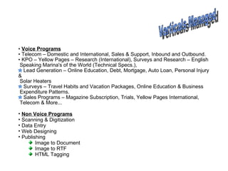 Verticals Managed  Voice Programs Telecom – Domestic and International, Sales & Support, Inbound and Outbound. KPO – Yellow Pages – Research (International), Surveys and Research – English Speaking Marina's of the World (Technical Specs.),  Lead Generation – Online Education, Debt, Mortgage, Auto Loan, Personal Injury & Solar Heaters Surveys – Travel Habits and Vacation Packages, Online Education & Business Expenditure Patterns. Sales Programs – Magazine Subscription, Trials, Yellow Pages International, Telecom & More... Non Voice Programs Scanning & Digitization Data Entry Web Designing Publishing  Image to Document Image to RTF HTML Tagging 