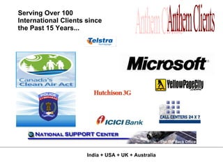 Anthem Clients India + USA + UK + Australia Serving Over 100 International Clients since the Past 15 Years... 
