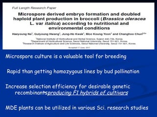 Microspore culture is a valuable tool for breeding

Rapid than getting homozygous lines by bud pollination

Increase selection efficiency for desirable genetic
   recombinantsproducing F1 hybrids of cultivars

MDE plants can be utilized in various Sci. research studies
 