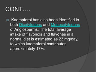 CONT….
 Kaempferol has also been identified in
both Dicotyledons and Monocotyledons
of Angiosperms. The total average
intake of flavonols and flavones in a
normal diet is estimated as 23 mg/day,
to which kaempferol contributes
approximately 17%.
 