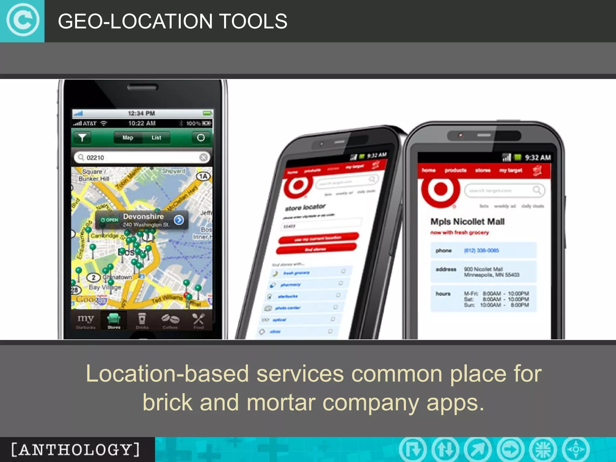 GEO-LOCATION TOOLS Location-based services common place for brick and mortar company apps. 
