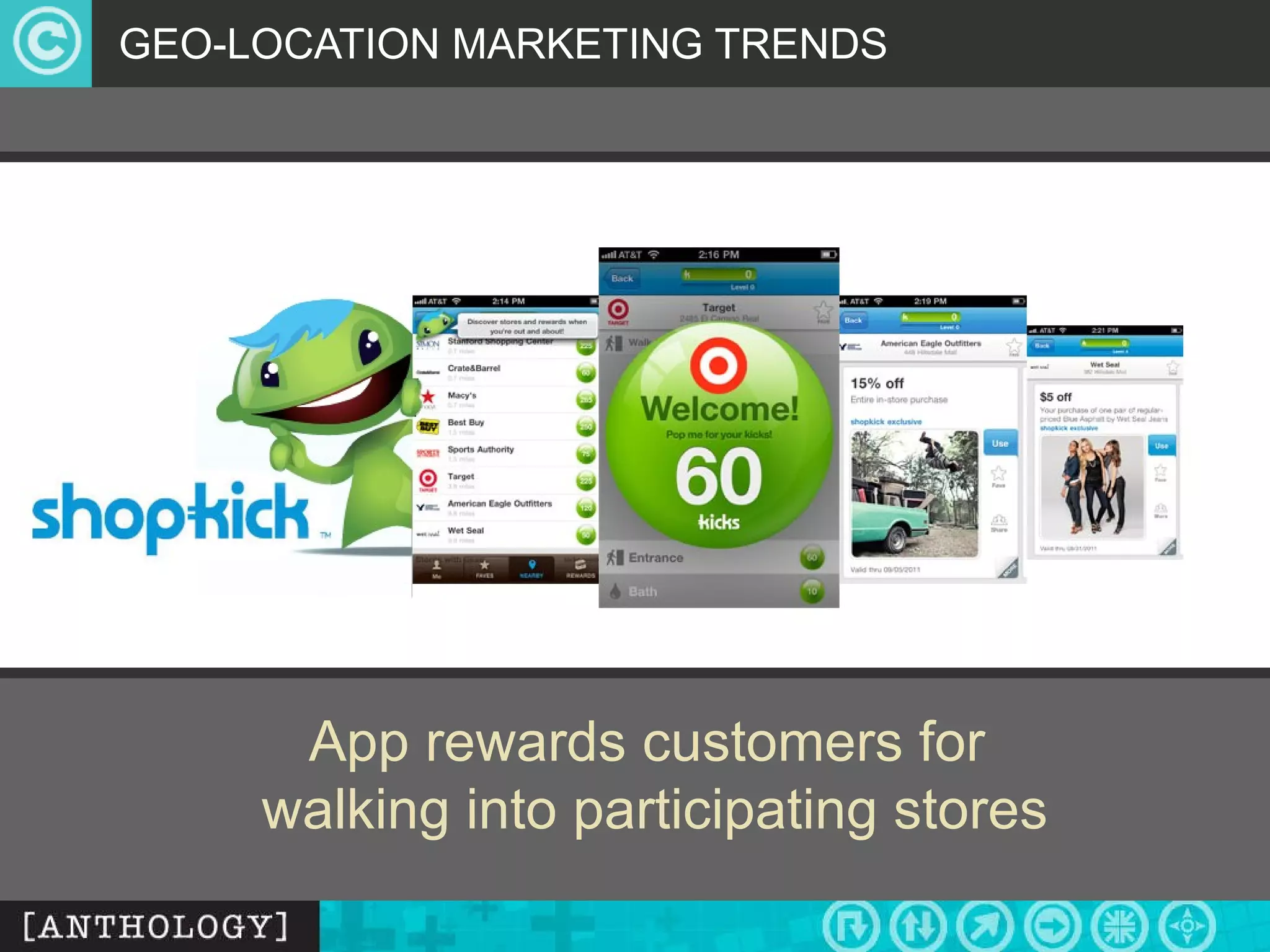 GEO-LOCATION MARKETING TRENDS App rewards customers for  walking into participating stores 