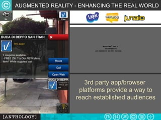 AUGMENTED REALITY - ENHANCING THE REAL WORLD 3rd party app/browser  platforms provide a way to reach established audiences 