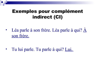 Exemples pour complément indirect (CI) Léa parle à son frère. Léa parle à qui?  À son frère. Tu lui parle. Tu parle à qui?  Lui.   