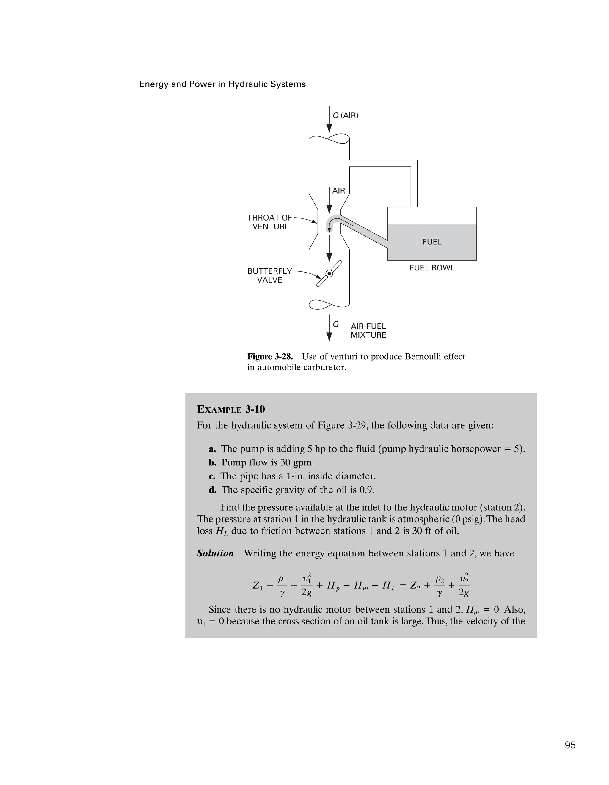 EXAMPLE 3-10
For the hydraulic system of Figure 3-29, the following data are given:
a. The pump is adding 5 hp to the fluid (pump hydraulic horsepower ⫽ 5).
b. Pump flow is 30 gpm.
c. The pipe has a 1-in. inside diameter.
d. The specific gravity of the oil is 0.9.
Find the pressure available at the inlet to the hydraulic motor (station 2).
The pressure at station 1 in the hydraulic tank is atmospheric (0 psig).The head
loss HL due to friction between stations 1 and 2 is 30 ft of oil.
Solution Writing the energy equation between stations 1 and 2, we have
Since there is no hydraulic motor between stations 1 and 2, Hm ⫽ 0. Also,
υ1 ⫽ 0 because the cross section of an oil tank is large. Thus, the velocity of the
Z1 ⫹
p1
g
⫹
y2
1
2g
⫹ Hp ⫺ Hm ⫺ HL ⫽ Z2 ⫹
p2
g
⫹
y2
2
2g
Energy and Power in Hydraulic Systems
THROAT OF
VENTURI
BUTTERFLY
VALVE
AIR-FUEL
MIXTURE
AIR
Q (AIR)
Q
FUEL BOWL
FUEL
Figure 3-28. Use of venturi to produce Bernoulli effect
in automobile carburetor.
95
 